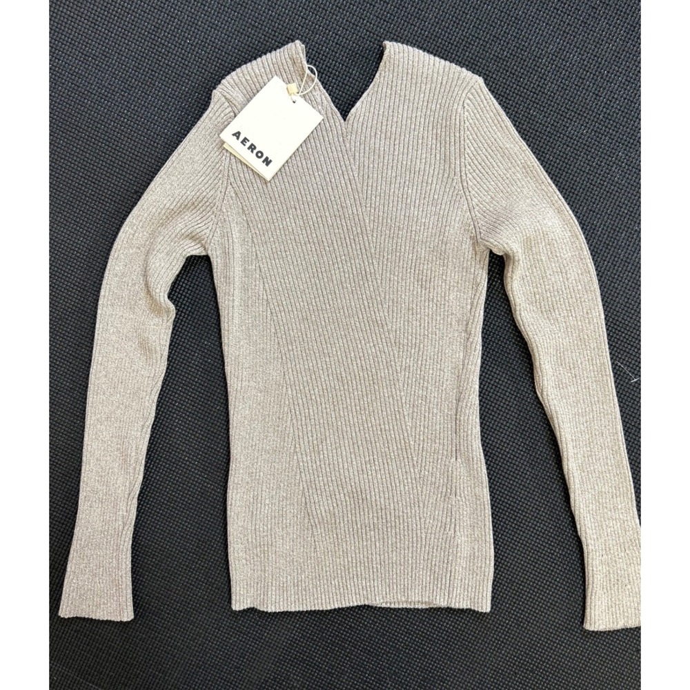 AERON Archeo Top Beige Melange Cotton V-Neck Long Sleeve Size S NWT Quiet Luxury